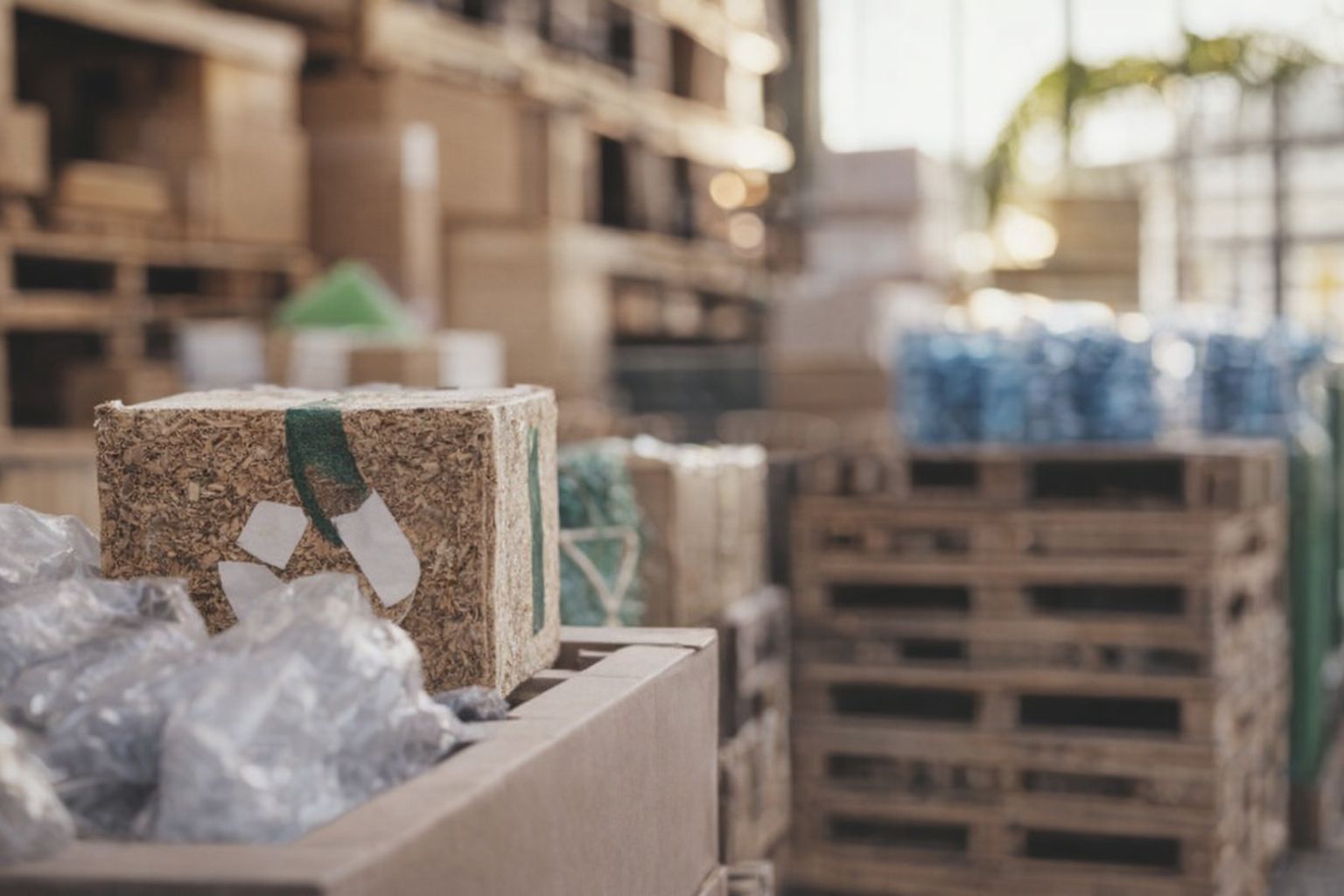 Nachhaltige Verpackungen in einem Warenlager für effiziente Logistik.